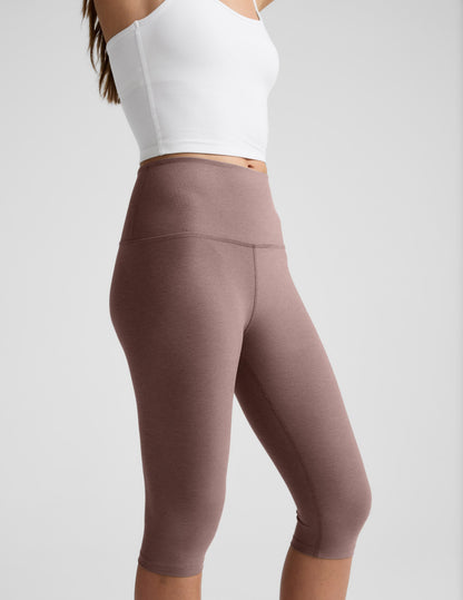 Brown marled Spacedye Pedal Pusher High Waisted Legging showing the wide high-rise waistband and snug fit below the knee.
