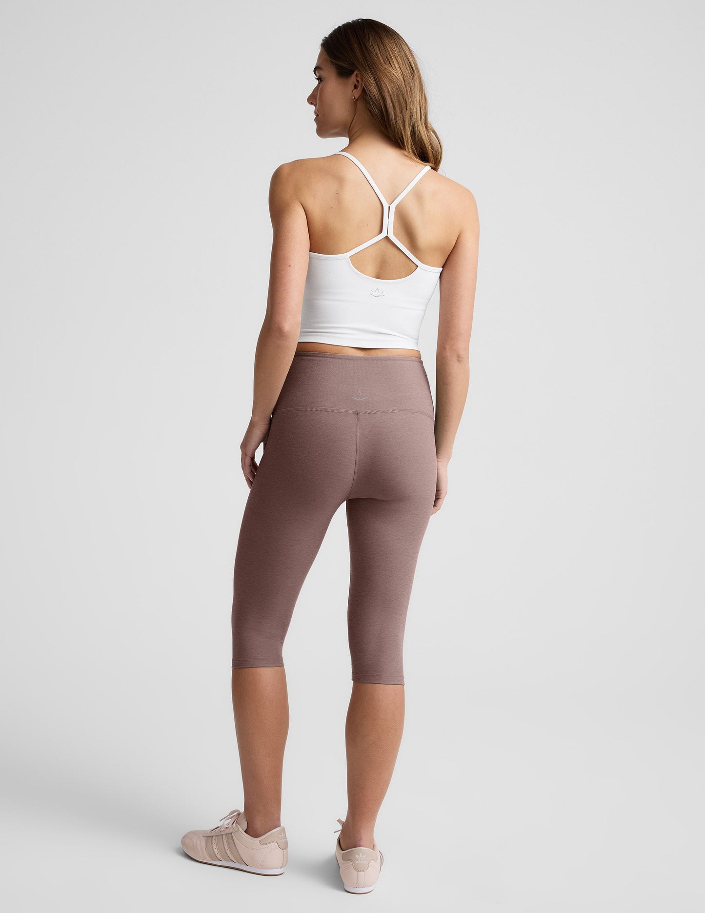Back view of brown Spacedye Pedal Pusher High Waisted Legging with a snug fit and cropped length below the knee.