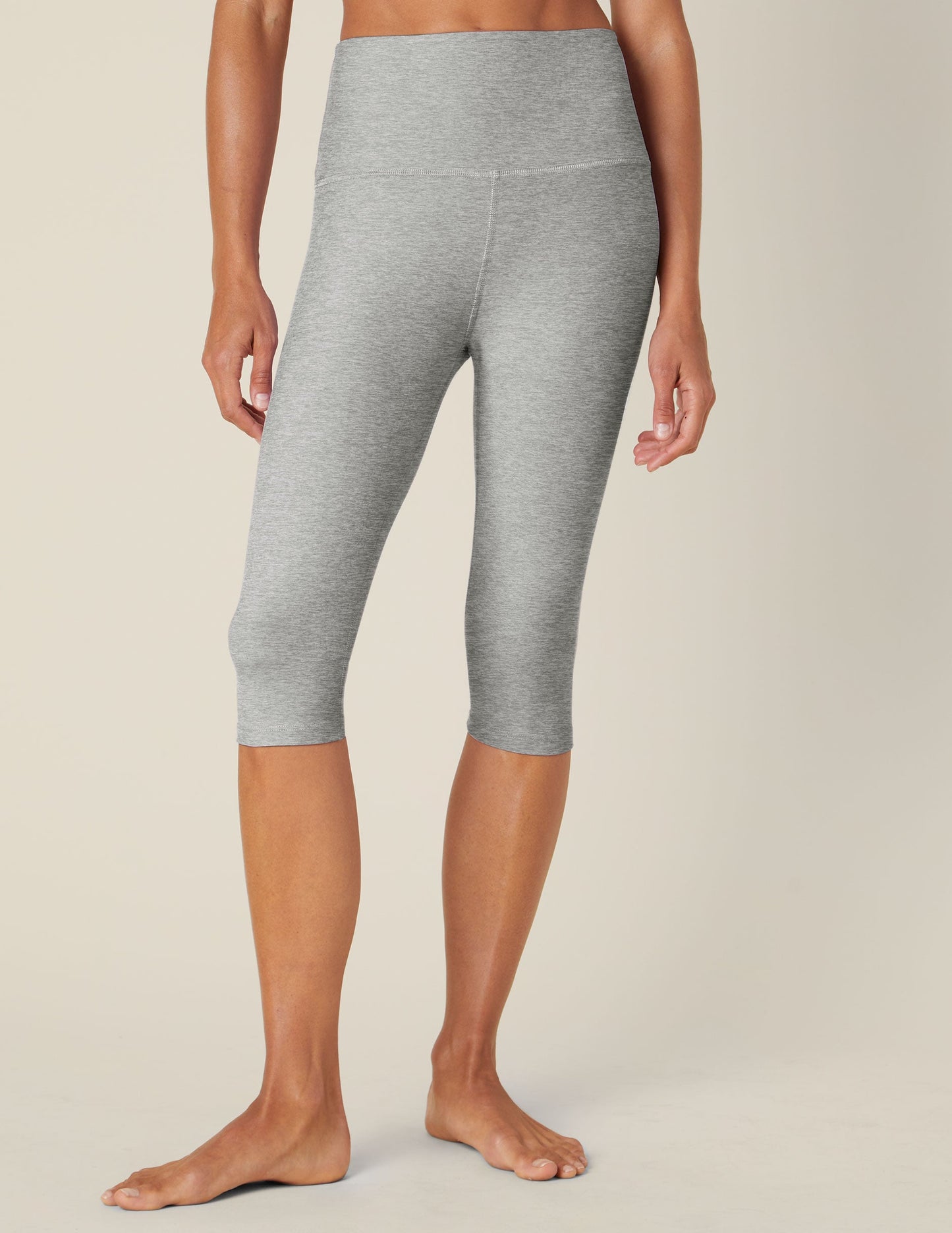 Gray marled Spacedye Pedal Pusher High Waisted Legging shown on a model, featuring a high rise and below-the-knee crop fit.