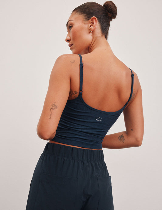 blue midway length tank with adjustable spaghetti straps.
