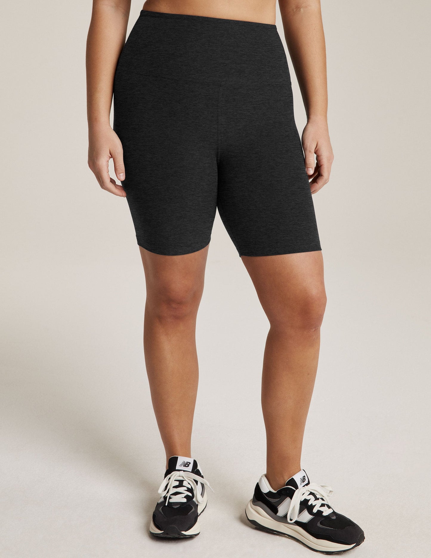 Spacedye High Waisted 7" Biker Short in Darkest Night marled black, featuring a high-rise waistband and mid-thigh length.
