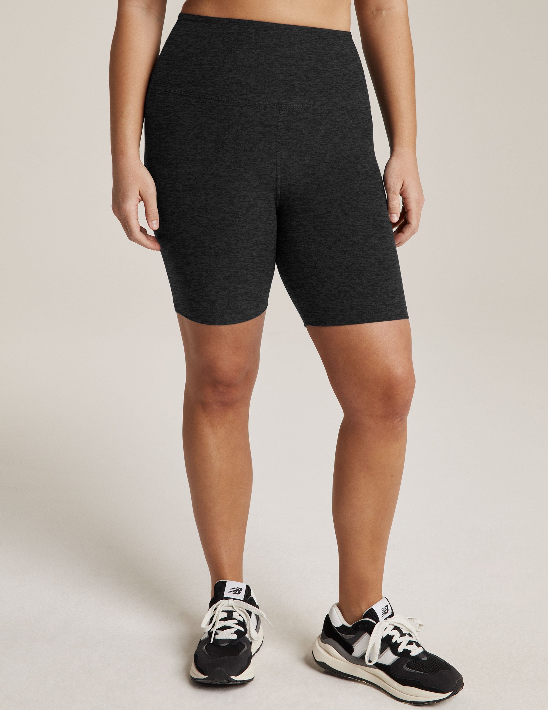Spacedye High Waisted 7" Biker Short in Darkest Night marled black, featuring a high-rise waistband and mid-thigh length.