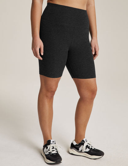 Spacedye High Waisted 7" Biker Short in marled Darkest Night on a model, showing the high waistband and mid-thigh length.