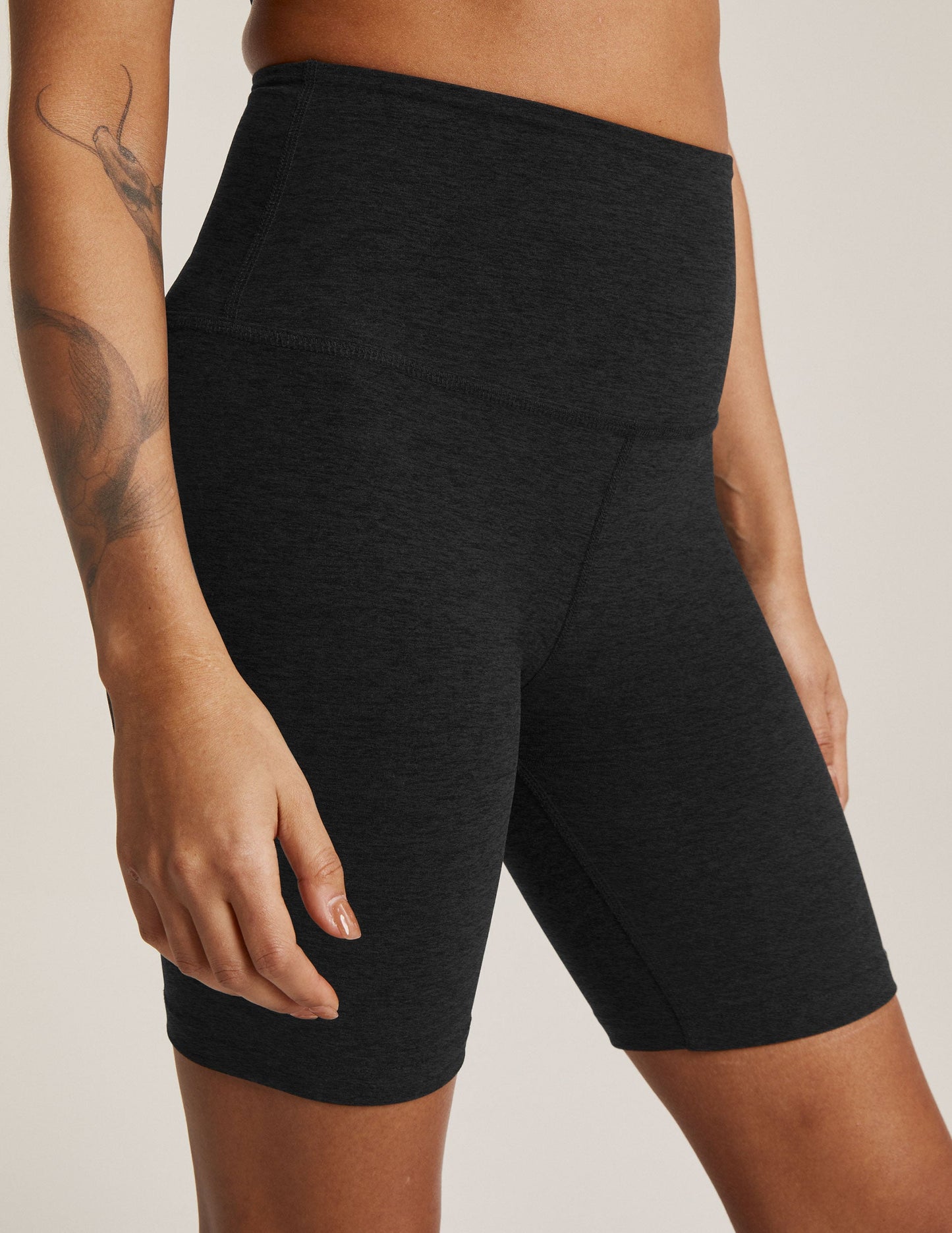 Spacedye High Waisted 7" Biker Short in Darkest Night marled black, featuring a snug fit and high-rise elastic waistband.