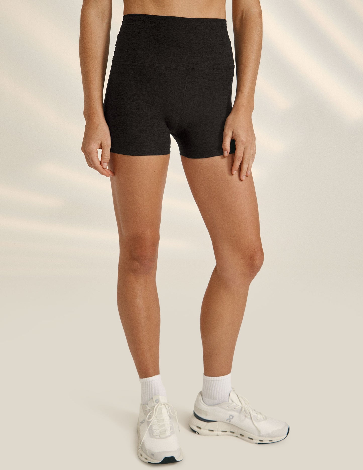 Front view of Spacedye All For Run 3" Short in Darkest Night, featuring a high waistband and snug, marled black fabric.