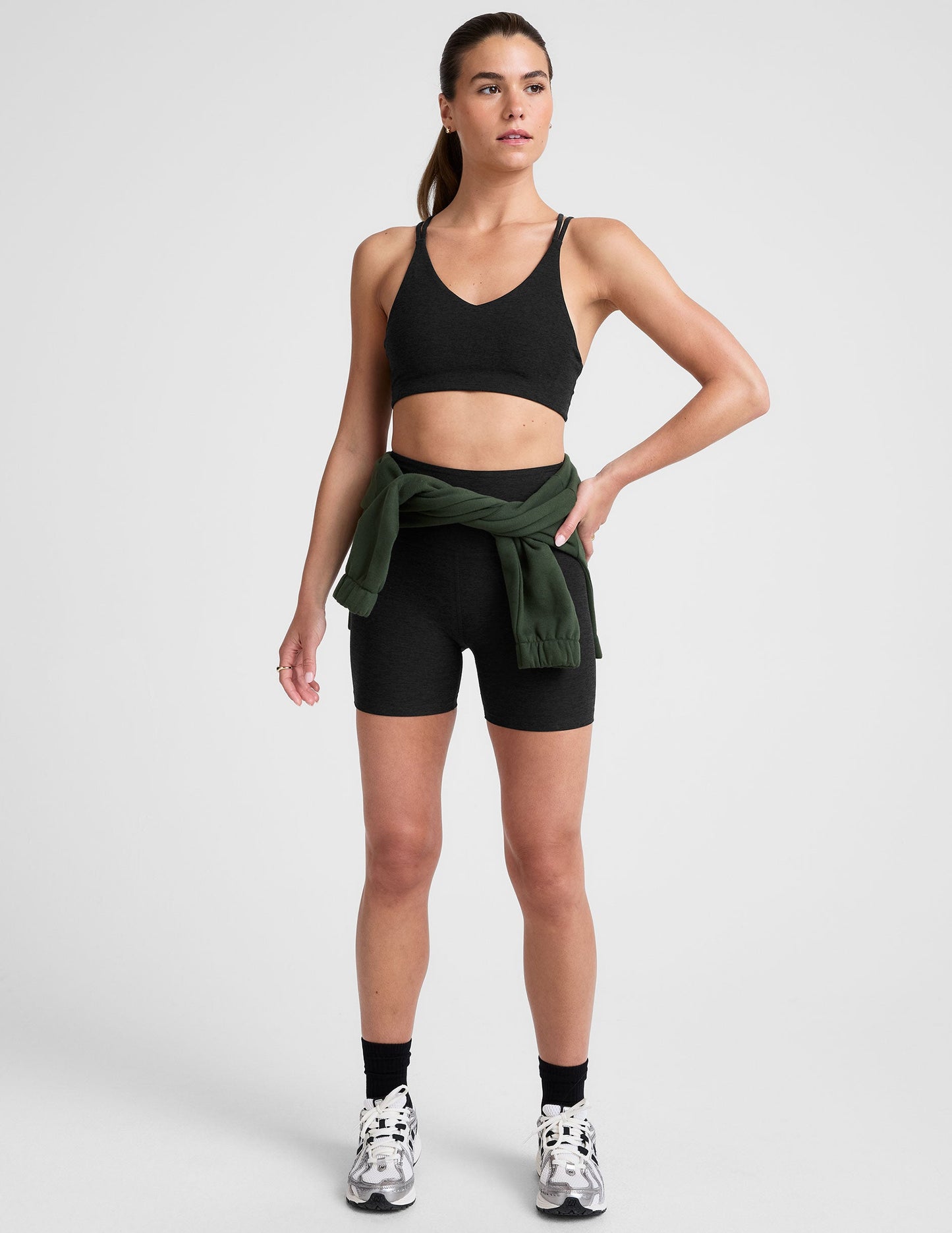 black high-waisted 5" inseam biker shorts.