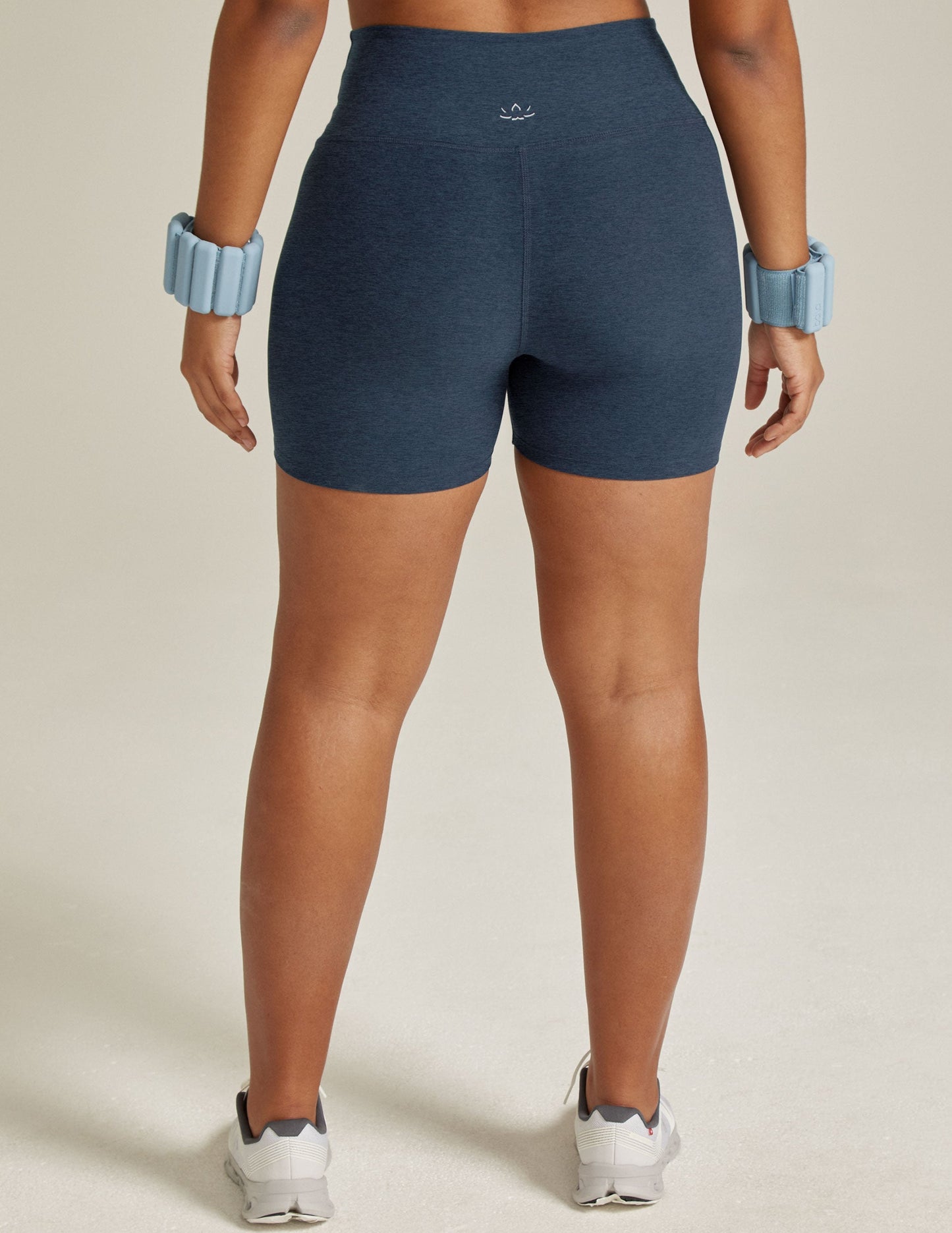 Rear view of Spacedye Keep Pace 5" Biker Short in nocturnal navy, showing the high waistband and marled fabric texture.