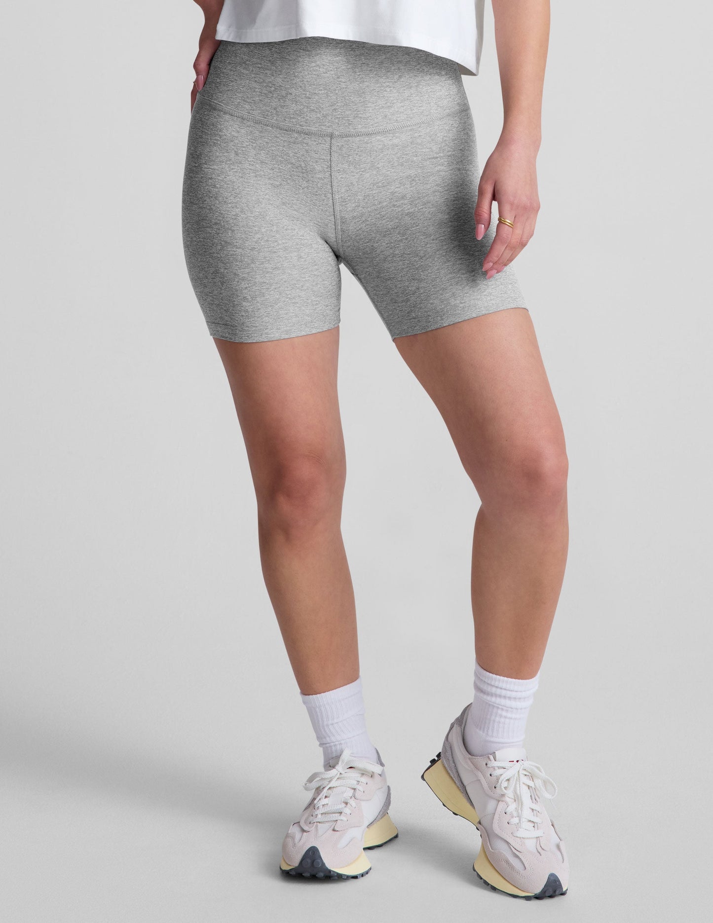 Light gray marled Spacedye Keep Pace 5" Short with a high waistband and mid-thigh length shown on a model.