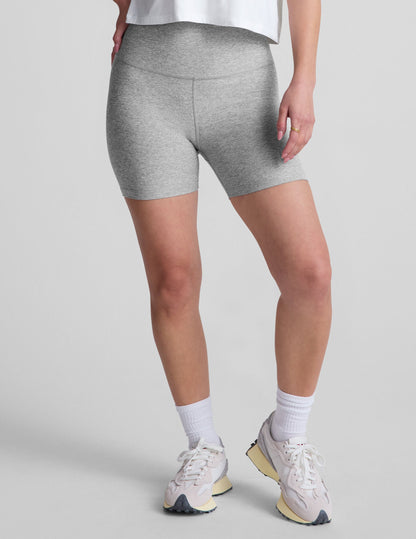 Light gray marled Spacedye Keep Pace 5" Short with a high waistband and mid-thigh length shown on a model.