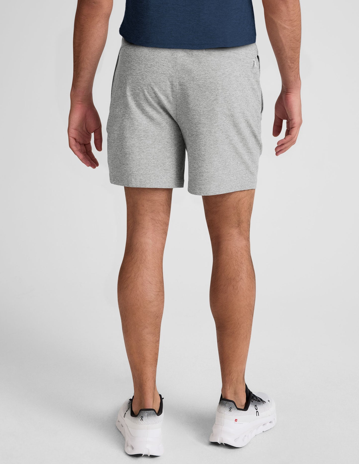 Rear view of gray marled Spacedye Unlimited Men's Short with an elastic waistband and mid-thigh length.