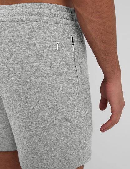 Close-up of gray marled Spacedye Unlimited Men's Short, highlighting the side zipper pocket and soft textured fabric.