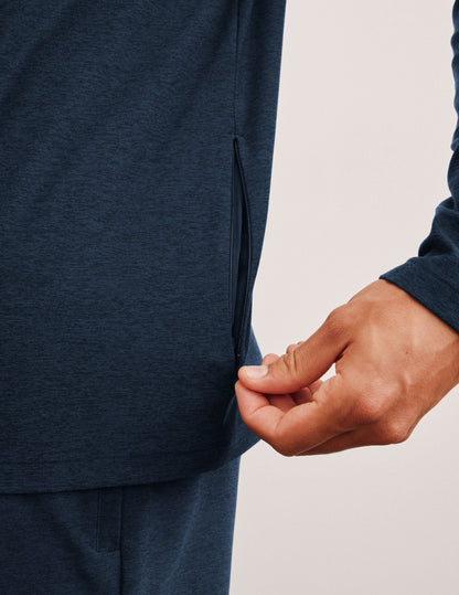 blue men's hooded pullover.