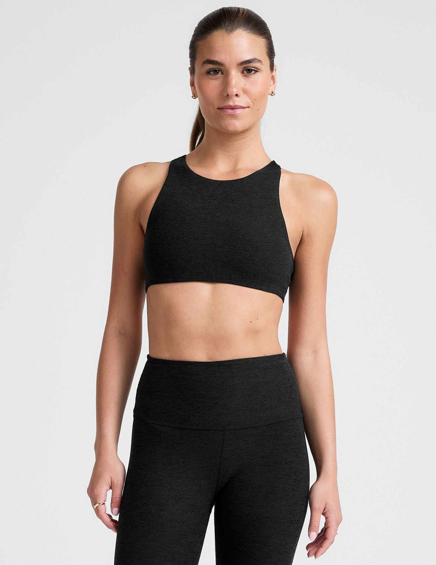 black high-neck racerback bra.
