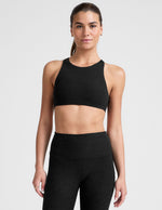 black high-neck racerback bra.