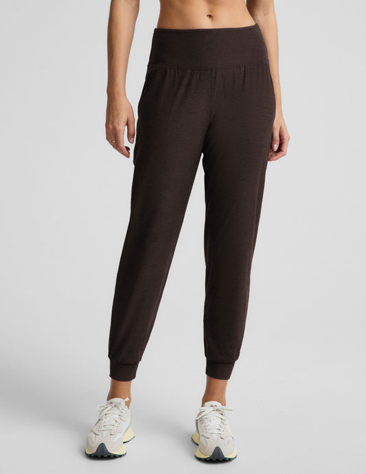 A person wearing dark brown jogger-style pants with a wide elastic waistband and elastic cuffs, shown from the torso down against a light gray studio background.